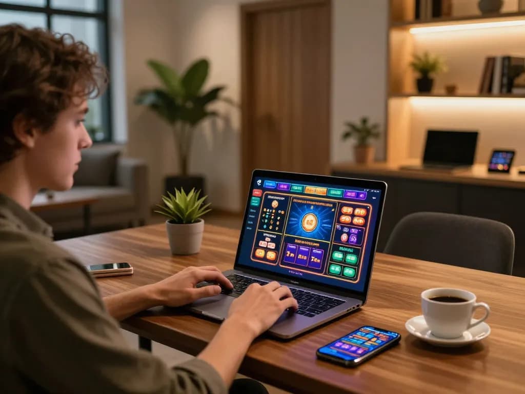 Trải nghiệm trò chơi LUCK8 với một người chơi tham gia vào hành động casino trực tuyến với máy tính xách tay trong một không gian nhà ở sang trọng
