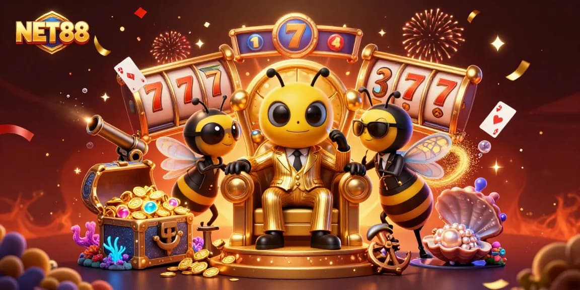 Experience vibrant gameplay with NET88 featuring a cartoon casino scene filled with slot machines and treasures.