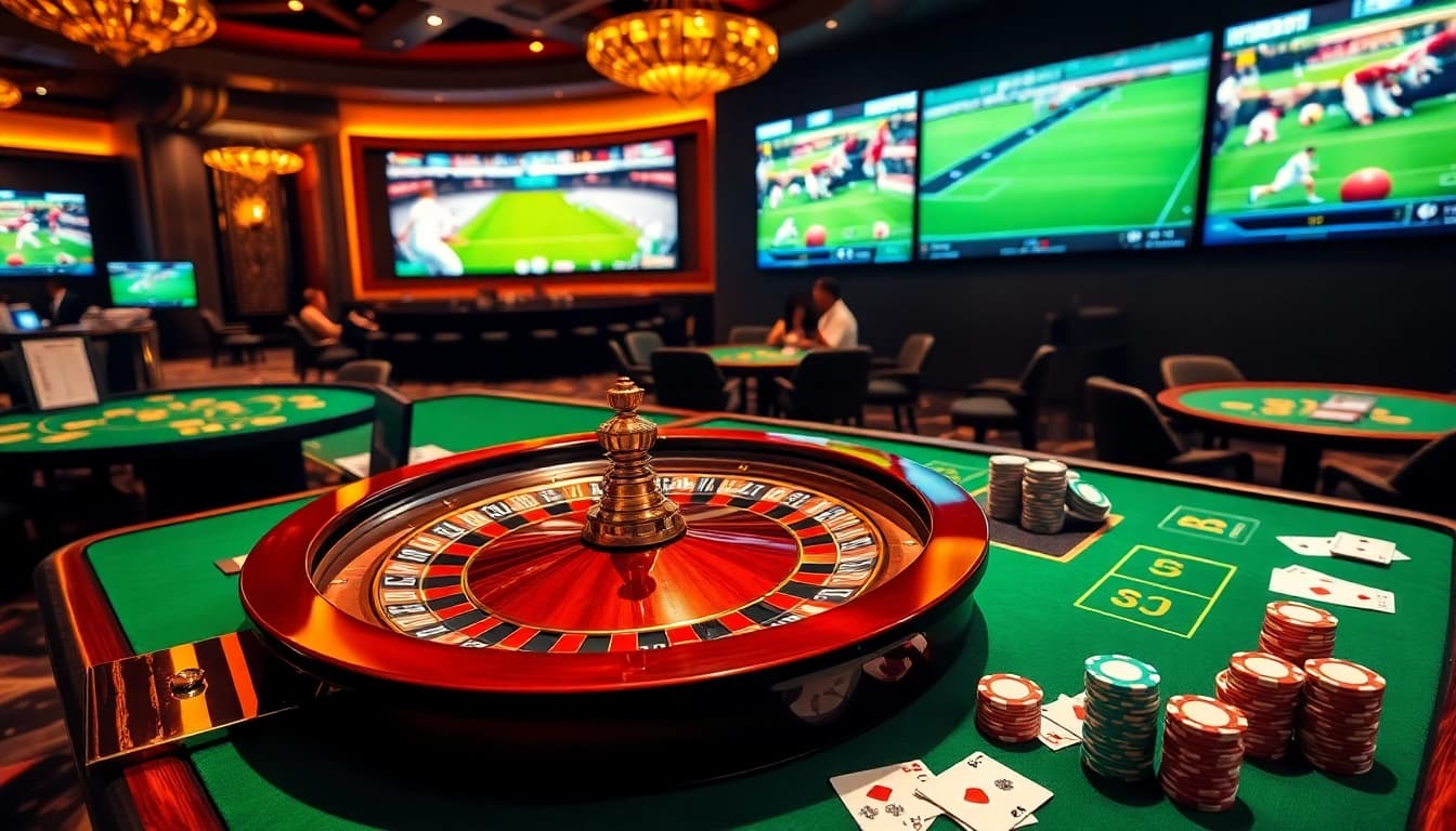 SBOBET88 online gambling scene featuring dynamic betting activities, including roulette wheel and poker chips.