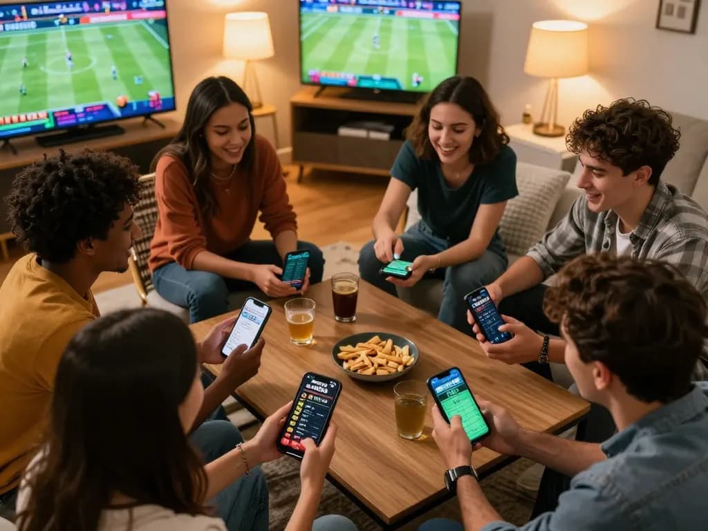 Friends engaged in sports betting using the Jeetbuzz 88 app during a lively game night.