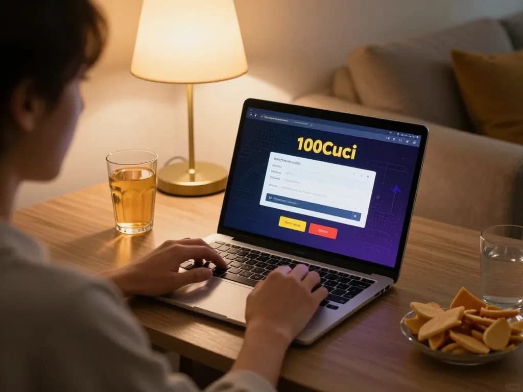 Register 100Cuci on a cozy home setup with laptop showing casino gaming interface.