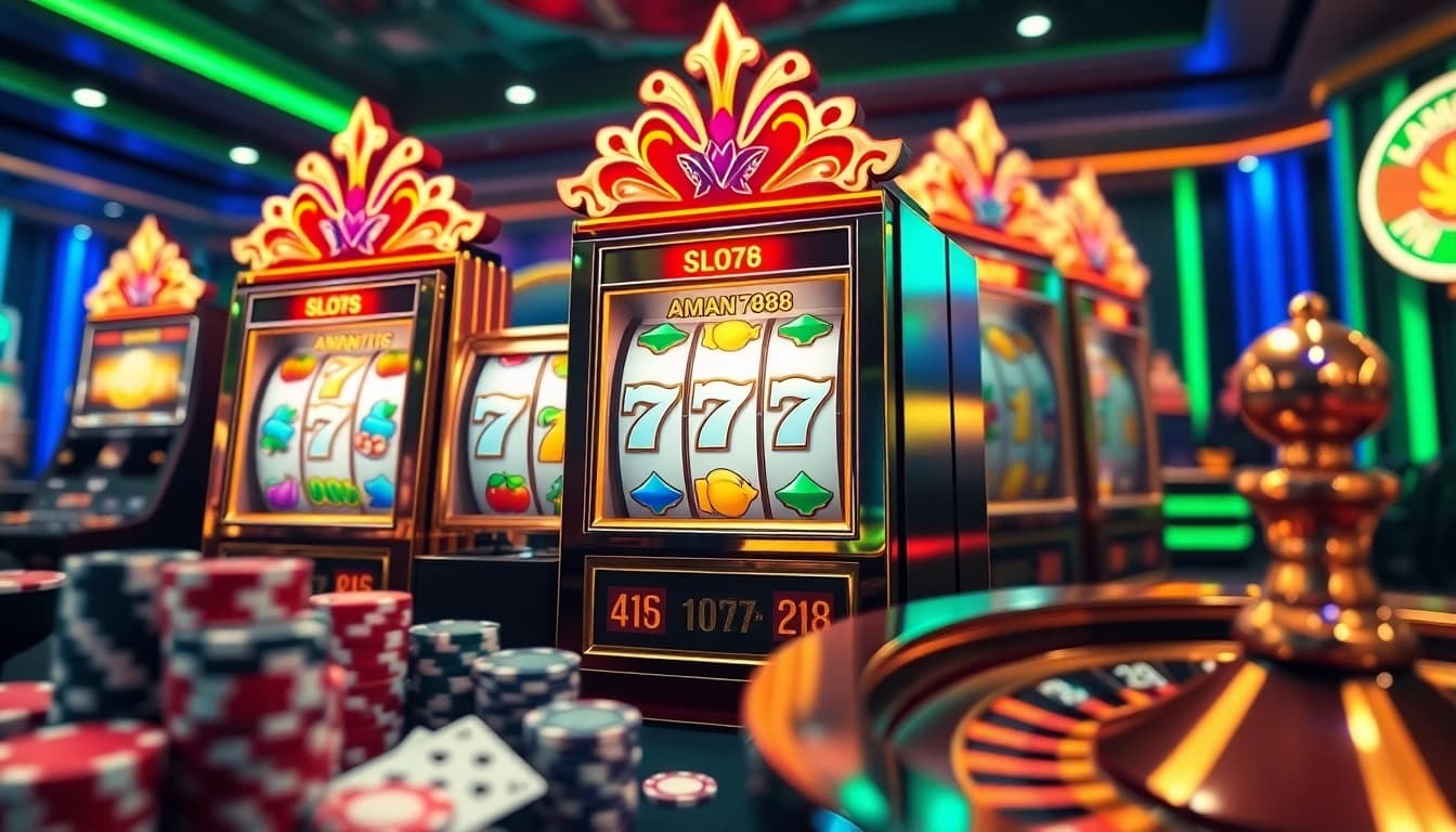Terlibat dengan aman788 slot gacor dalam pengaturan kasino yang mendebarkan dengan mesin slot berwarna-warni dan chip poker.