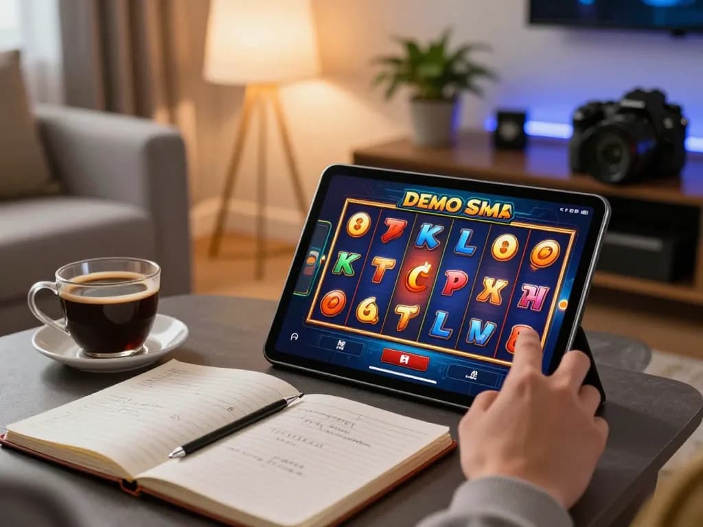Engaging player immersed in exciting demo slot gameplay on a sleek tablet, showcasing responsible gambling.