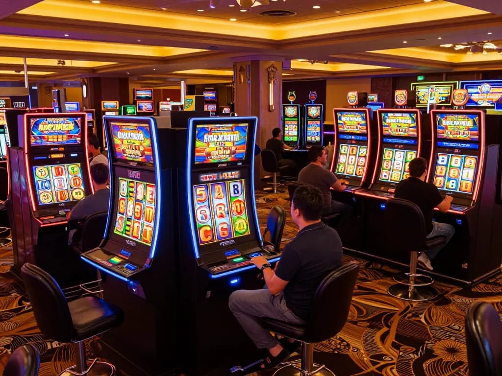 Players enjoying vibrant IDCJOKER slots in a lively casino, casascholars promoting exciting gaming experiences.