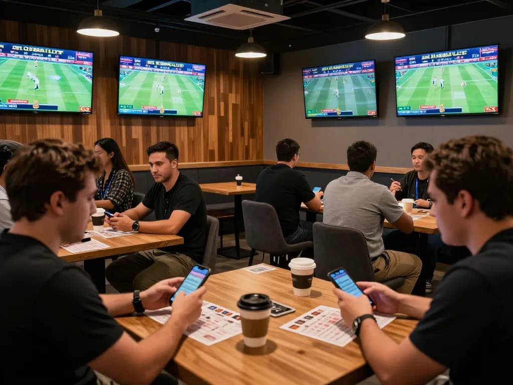 Excited bettors engaging in live sports betting at fc88on lounge with screens displaying games.