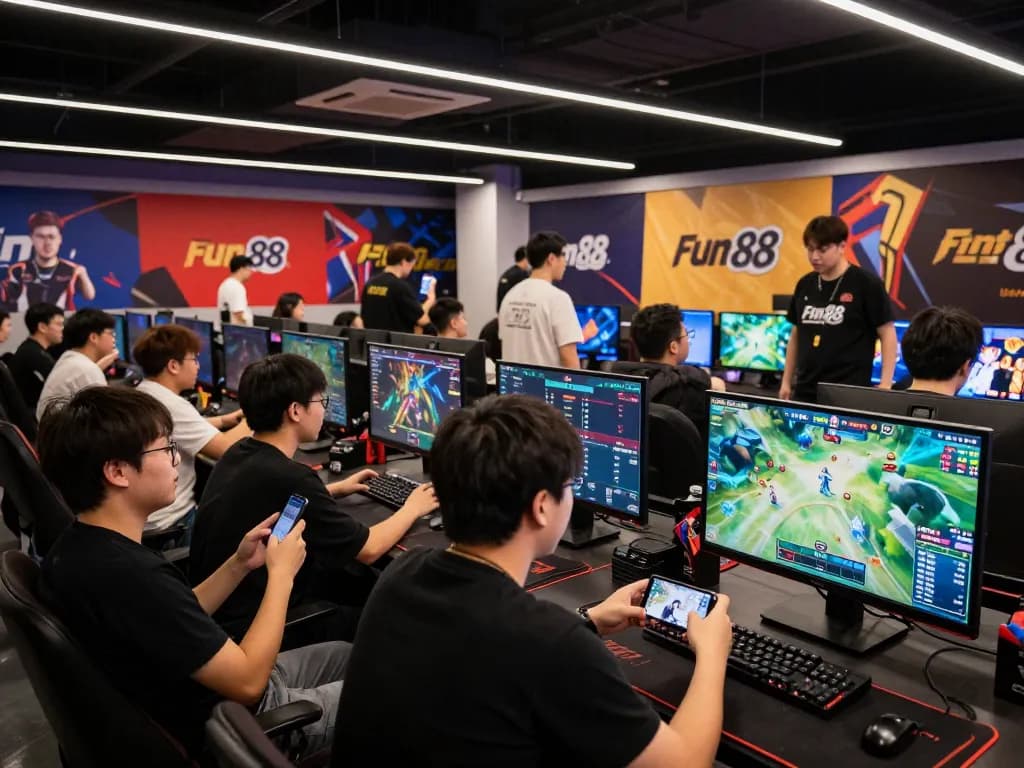 Engaged esports fans betting on Fun 88 during live event, showing vibrant atmosphere and excitement