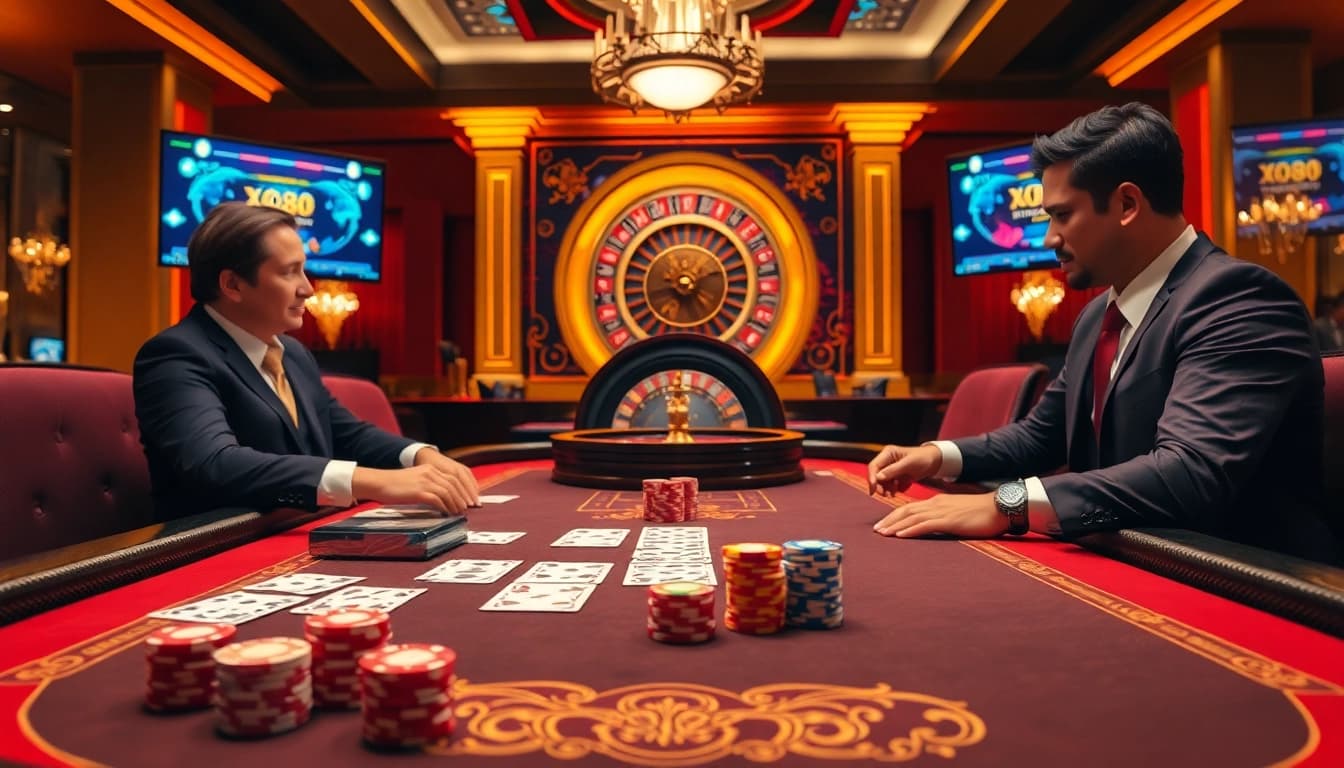 Enjoying a thrilling baccarat game at https://xx88.us/ with professional gamblers and luxury casino ambiance.