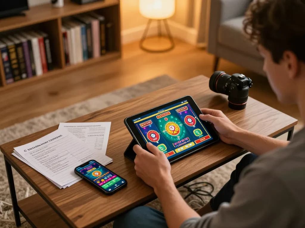 Player enjoying online gaming at home with tg88 tablet displaying casino games.