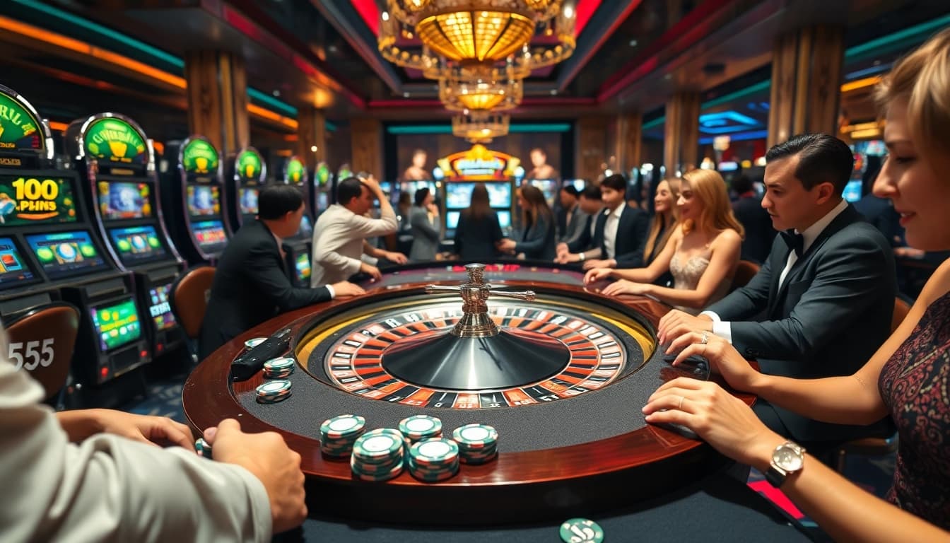 Players engaging in thrilling casino games at BL555 with roulette tables and vibrant slot machines.