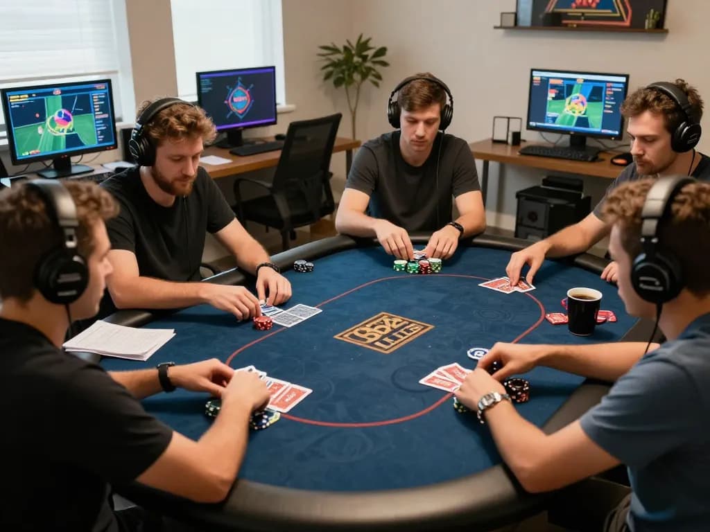B52 CLUB players strategizing during an online poker game with engaged expressions and visible cards