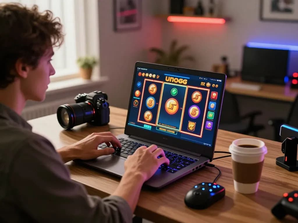 Engaging in the unogg slot game on laptop with colorful graphics and a cozy atmosphere.