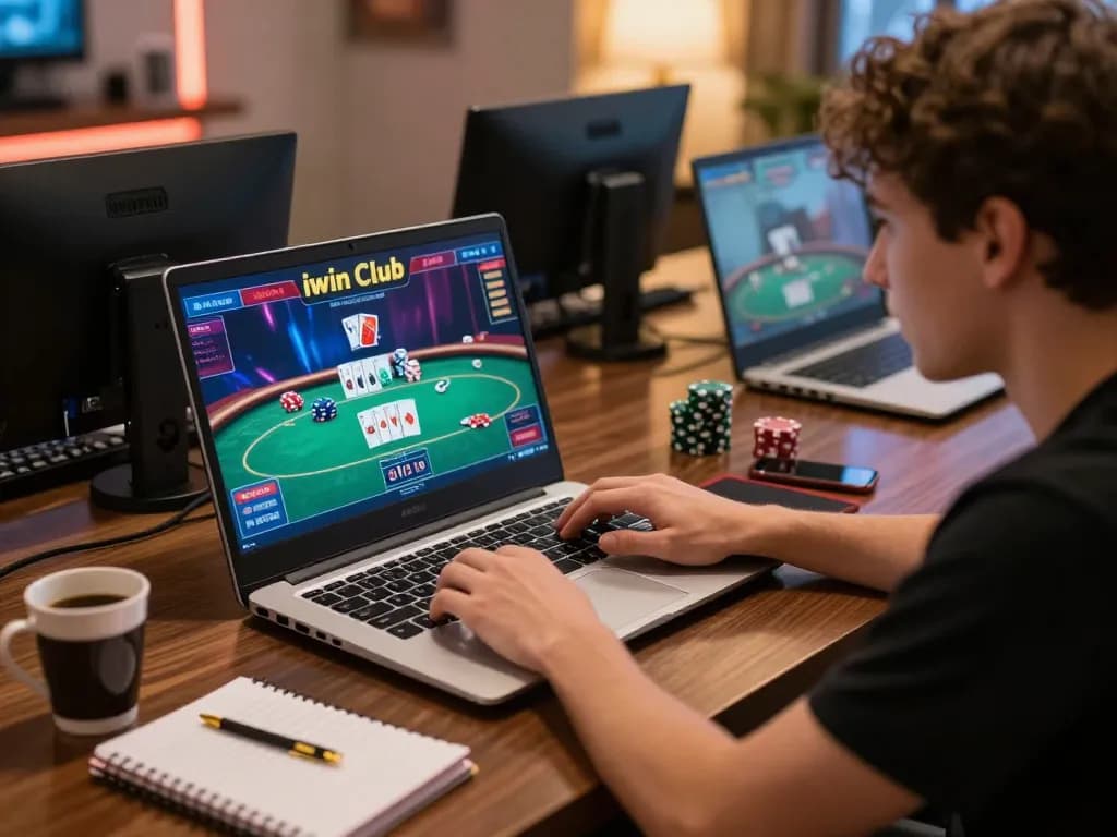 Player enjoying online poker at iwin club with warm cozy setup and strategy notes visible.