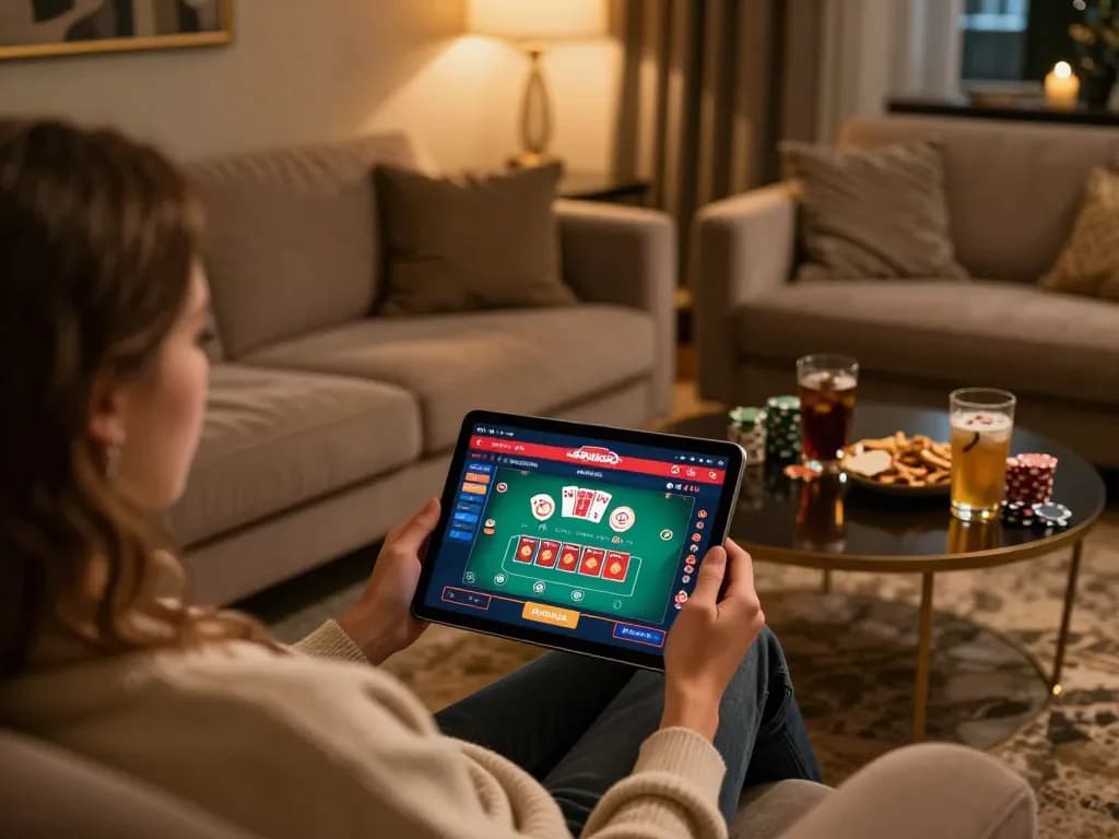 Engaging with the Jogoluck casino app on a stylish tablet for strategic online wagering.