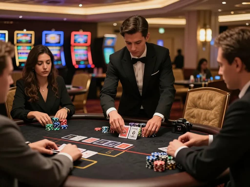 Players enjoying blackjack at a casino table, showcasing strategic gameplay in an upscale HM88 experience.