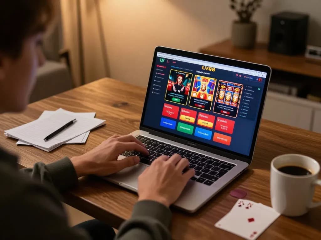 Person engaging with LV88 online casino platform on a laptop, showing poker game interface and strategic notes.