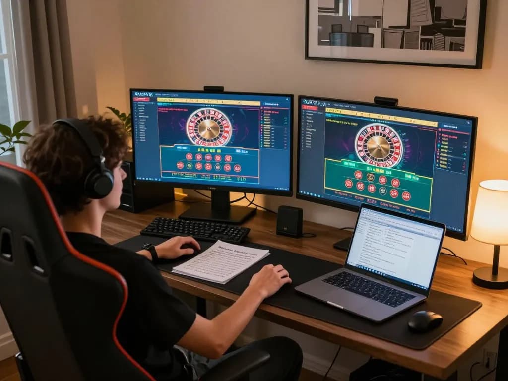 Experience du88 gameplay with a player engaged in online roulette and blackjack in a cozy gaming setup.