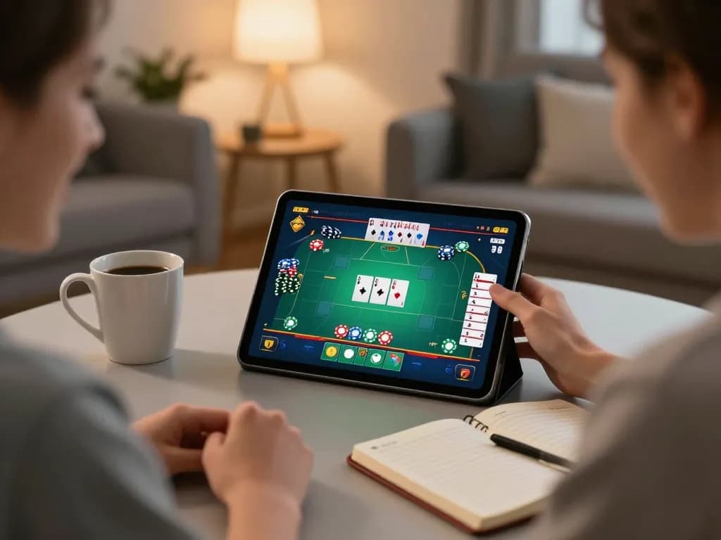 Engaged player at home using the nhacaiuytin platform for online poker with a vibrant tablet interface.