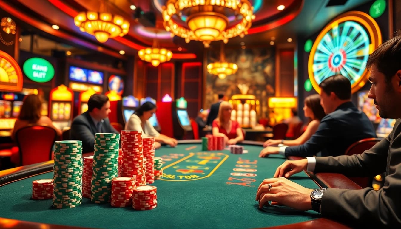 Engage with juragan77 in an exciting poker scene featuring rich colors and vibrant casino elements.