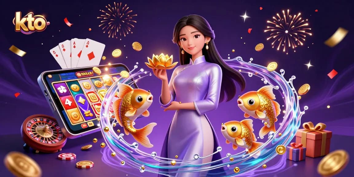 KTO showcases an elegant Asian woman holding a lotus flower amidst vibrant casino elements and koi fish.