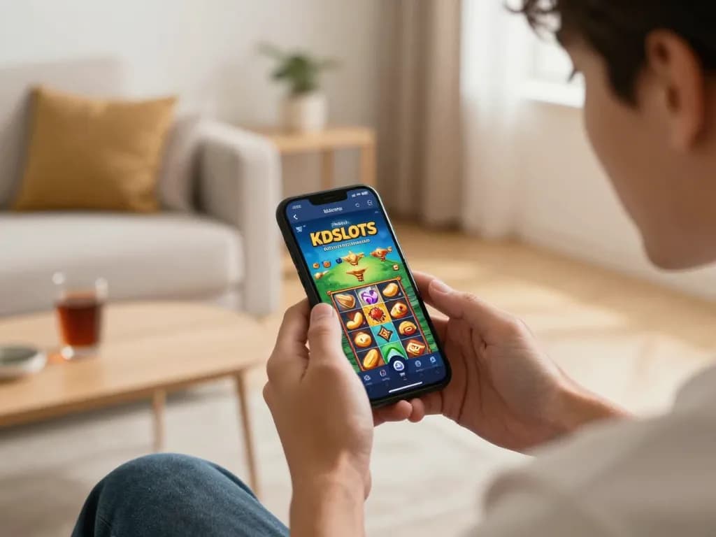 Engaging player immersed in kdslots gameplay on mobile device, showcasing exciting game features.