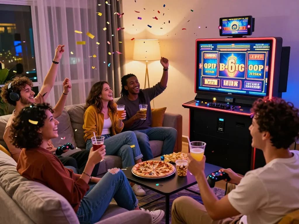 Sahabat merayakan kemenangan di slot gacor hari ini dalam ruang tamu yang hidup dengan aksesori permainan dan suasana meriah.