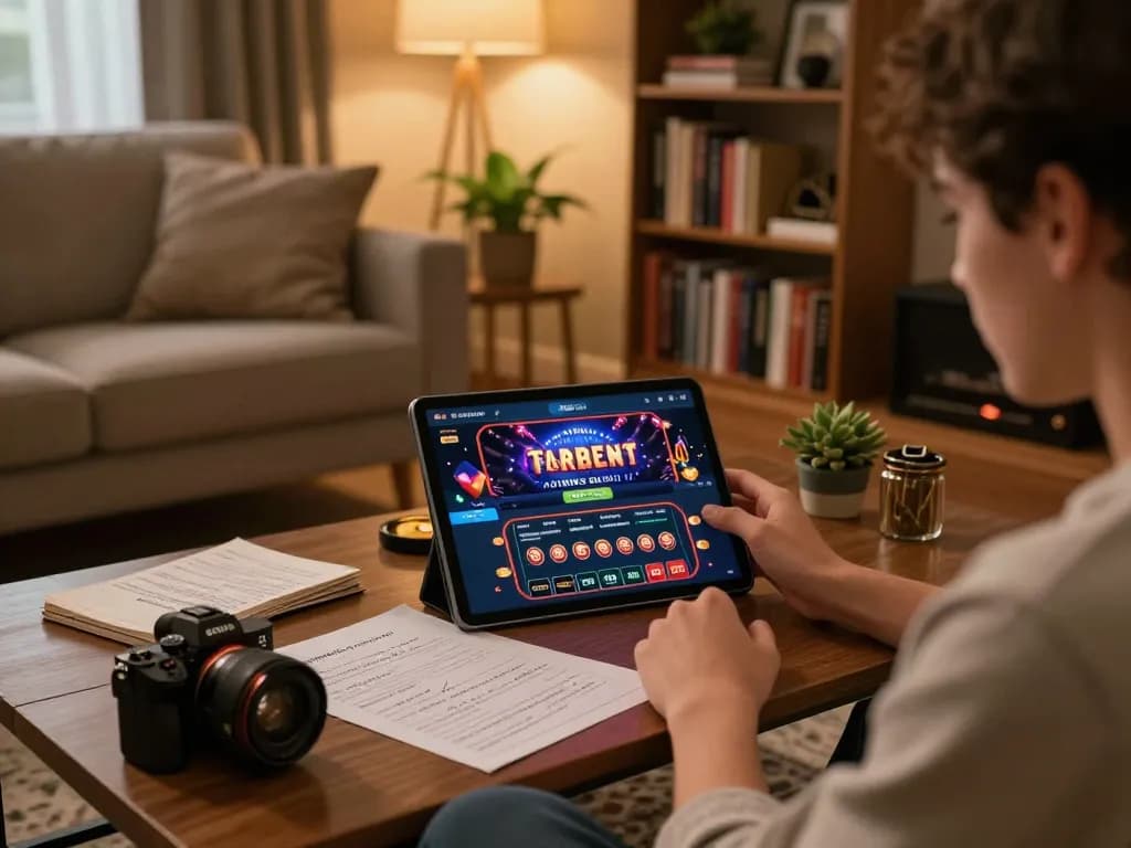 Player enjoying an online bk8 casino game on a tablet in a cozy home setting, surrounded by strategic notes.