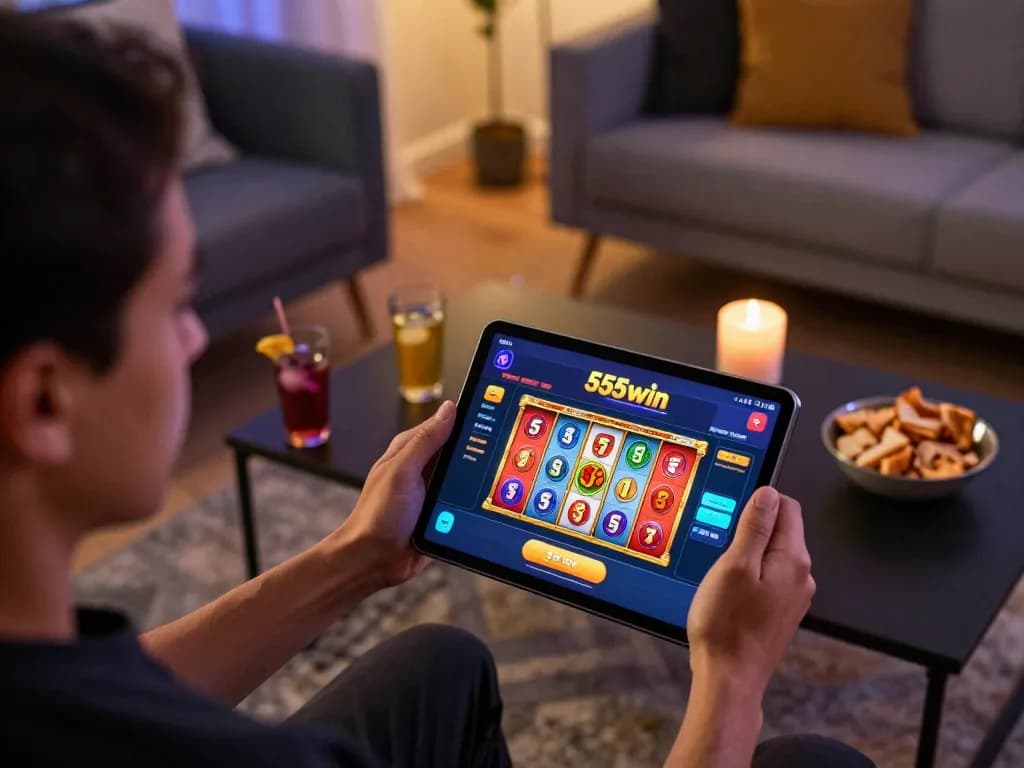 Engaged player spinning slots on 555win app in warm home setting
