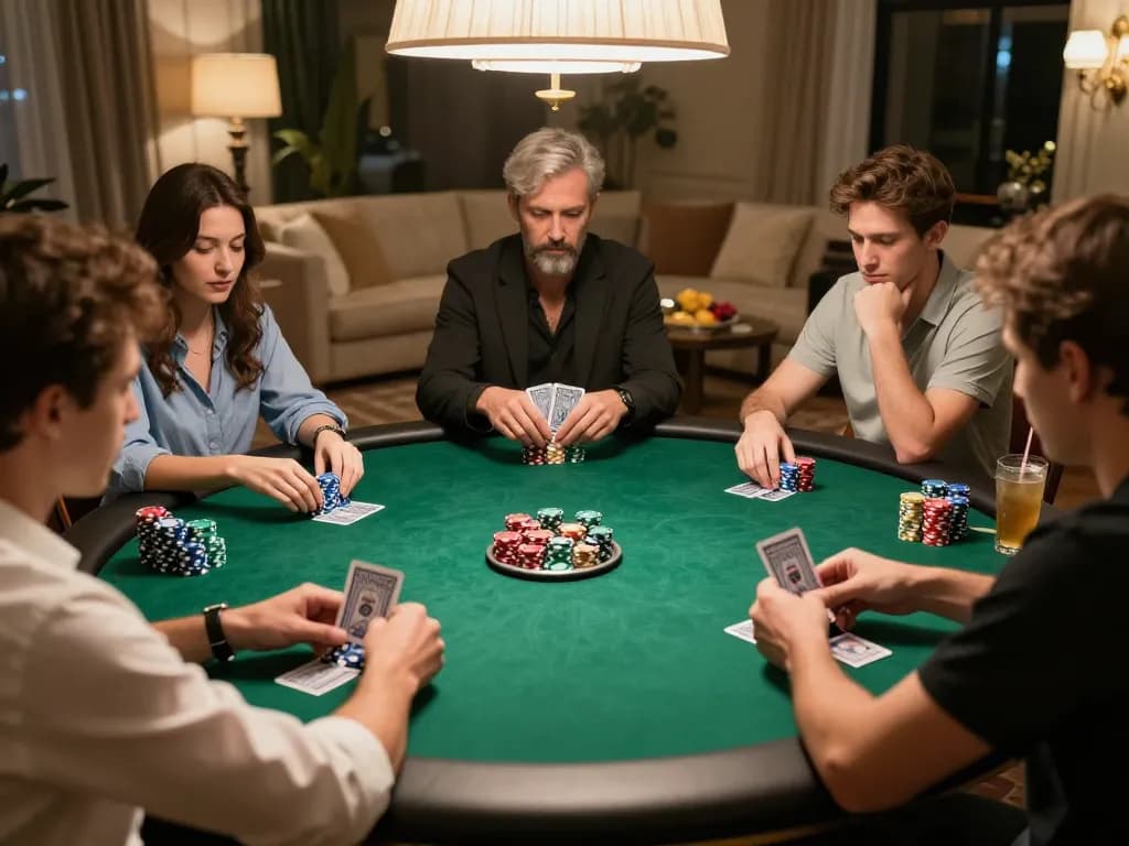 KJC players engaging in a strategic poker game at home with colorful chips and cards.