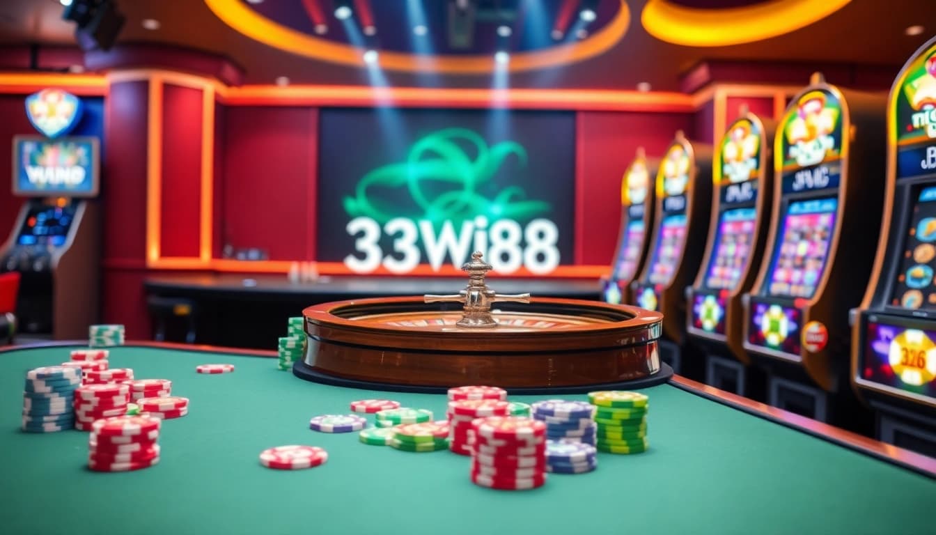 A thrilling gambling scene at 33win68 showcasing a roulette wheel, poker chips, and slot machines.