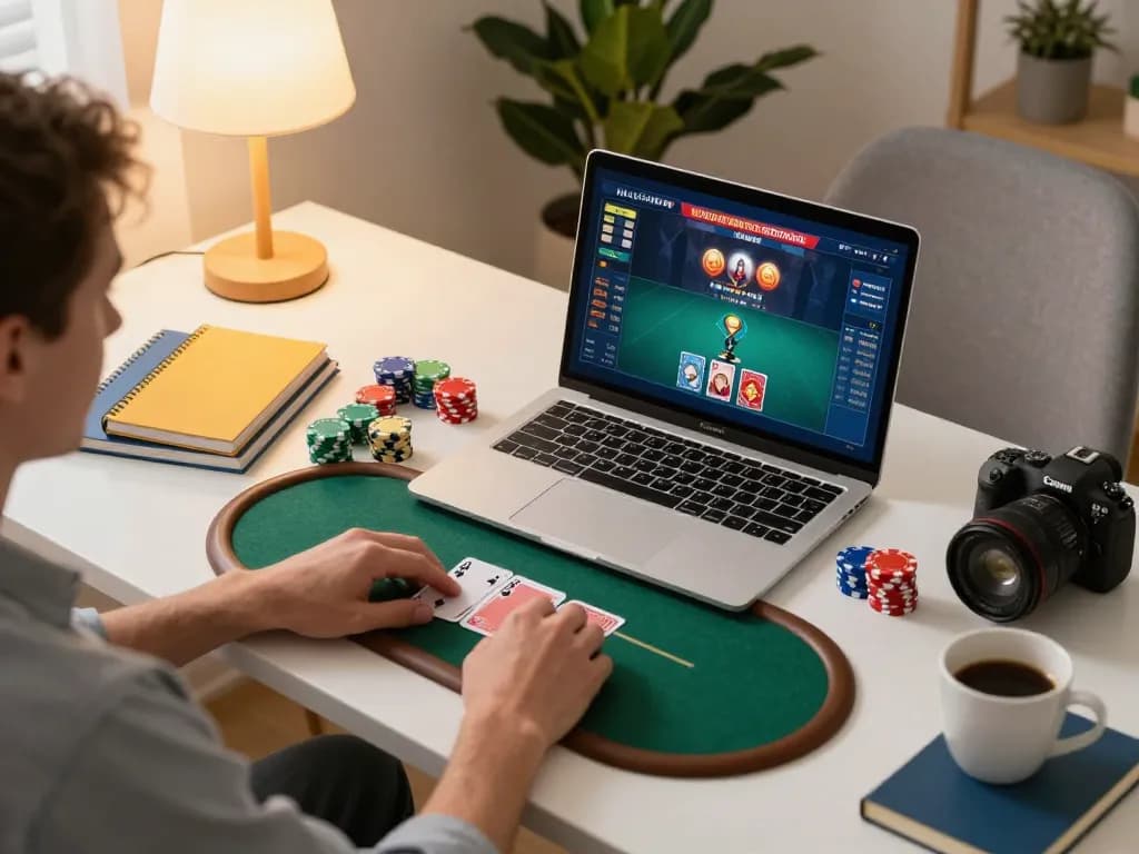 Aksi poker online yang menarik di platform HALOCUAN98, menampilkan permainan yang cerah di pengaturan kantor rumah yang stylish.