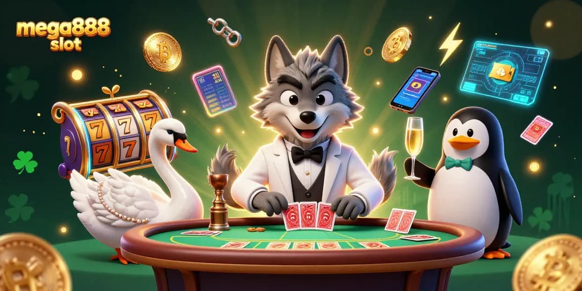 Experience thrilling mega888 slot action with animated characters and crypto elements.