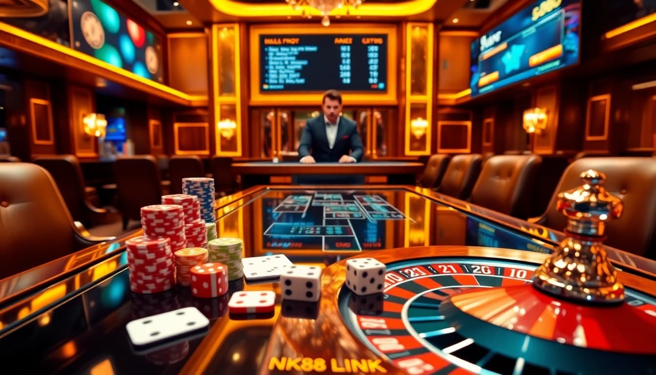 Engaging casino action showcasing NK88 link with dynamic betting chips, cards, and roulette wheel
