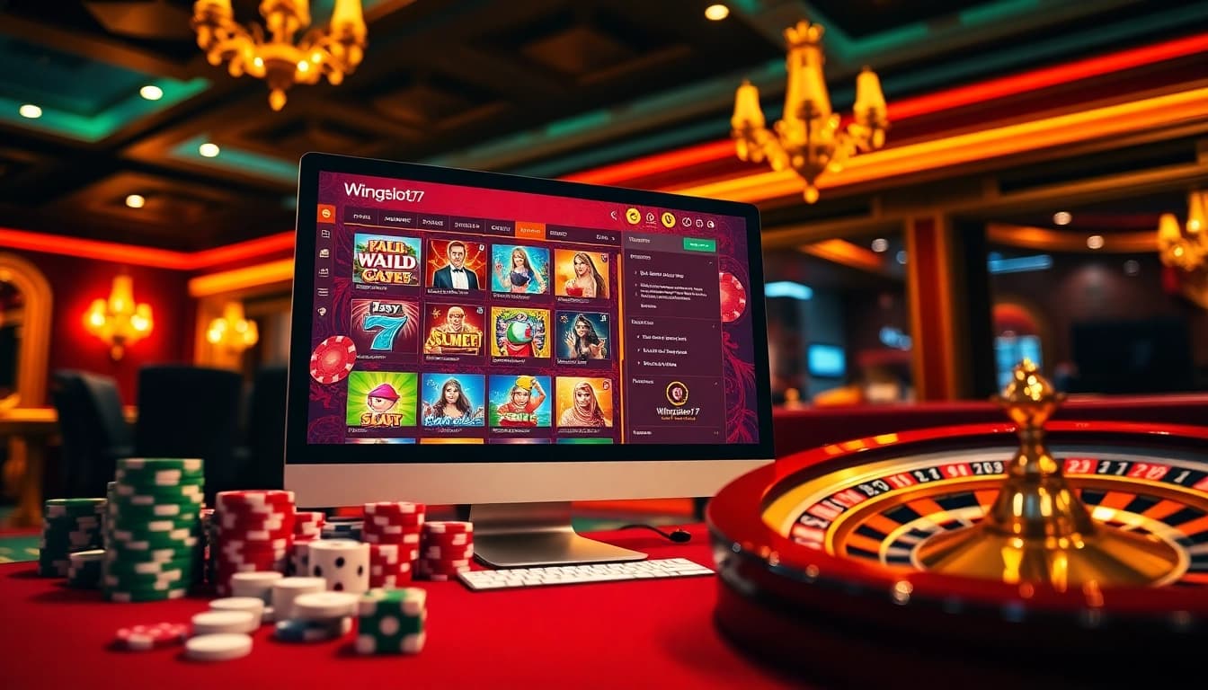 Experience high-stakes entertainment with Wingslots77 Login, showcasing a vibrant online gambling interface.