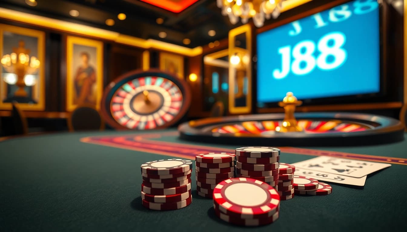 Experience thrilling poker gameplay at J88 with vibrant chips and elegant casino tables.