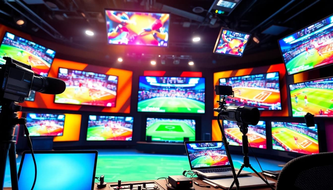 Capture the essence of Sports Broadcasting with a dynamic studio scene filled with vibrant screens.