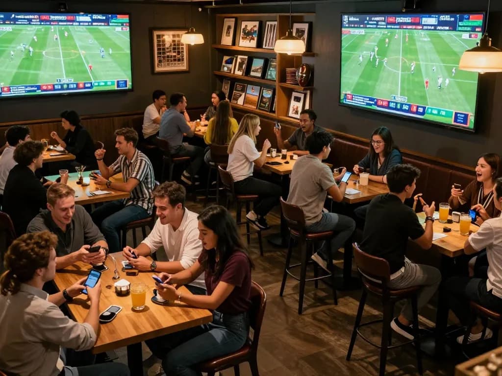 Engaging sports bar scene highlighting friends strategizing bets using the 7meter Parlay.