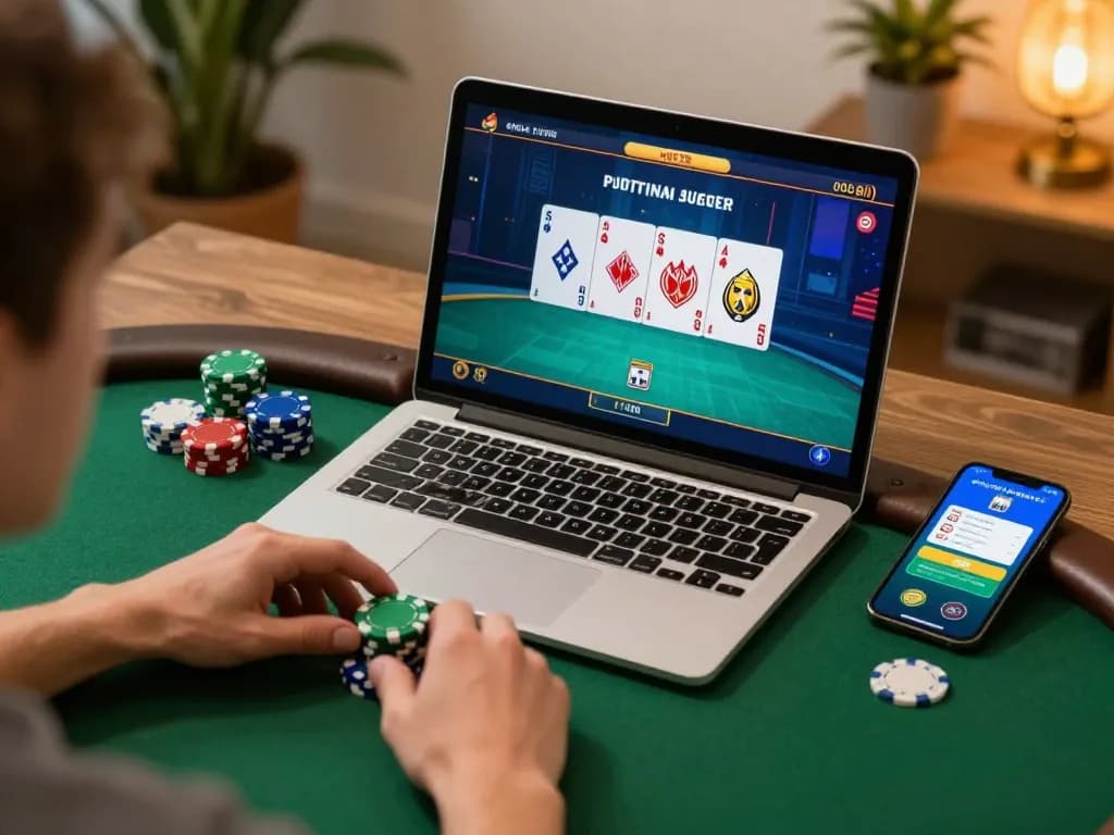 Player engaging with f168.osaka poker game on laptop at home, showcasing an interactive online gambling experience.