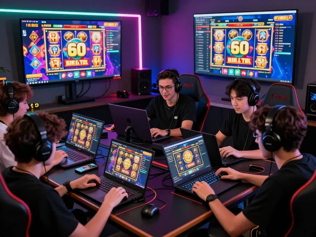 Group of gamers enjoying Zeus138 slot games on multiple devices