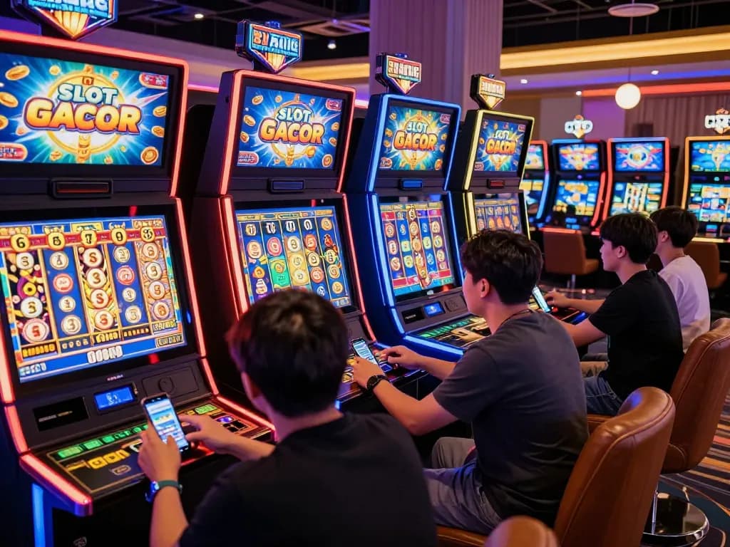 Engaging scene of players enjoying SLOT GACOR games in a lively online casino atmosphere.