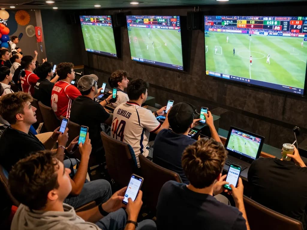 Penggemar yang terlibat secara penuh dengan aplikasi SPBO sambil menonton olahraga langsung dalam suasana lounge yang hidup.
