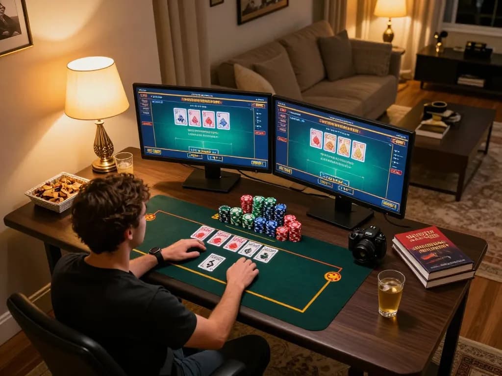Player engaging with a reputable online casino, experiencing responsible gambling at home in a stylish setting.