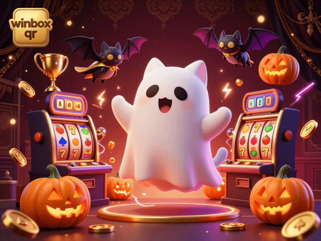 Winbox qr animated scene featuring a ghost cat and vampire bat in a haunted casino, surrounded by slot elements.