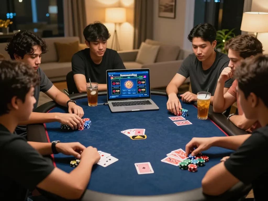 Bangsawan88gg online casino poker players engaging in a strategic home game night.