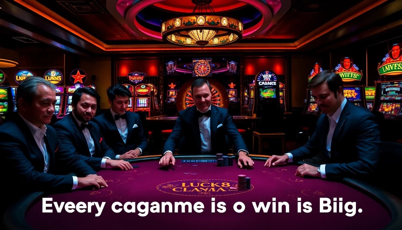 Luck8 players engaging at a high-stakes poker table in an elegant casino environment.
