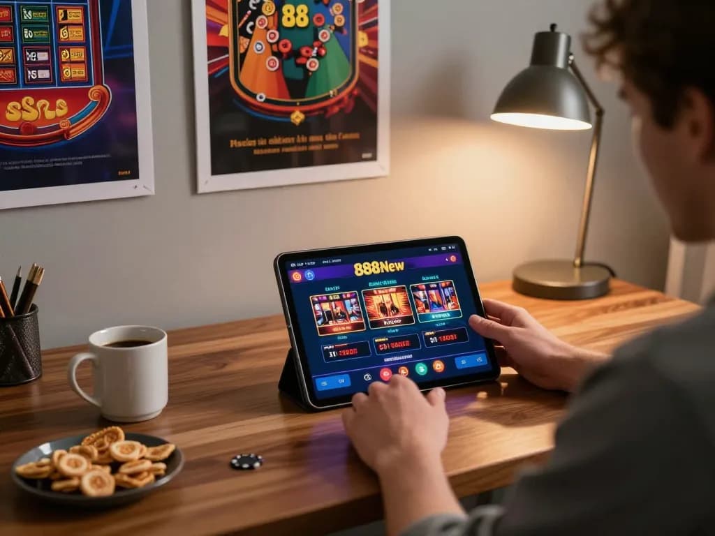 Engaged player enjoying 888New online gaming session at home with tablet