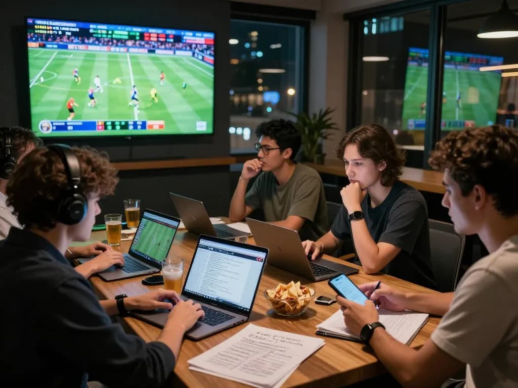 Tỷ lệ kèo trực tuyến betting analysis in a vibrant sports lounge setting with screens and enthusiastic bettors.