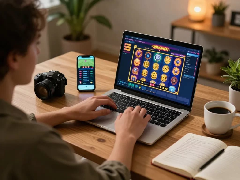 Engaging in online gaming at https://mm88.today/ with focus on colorful slot game and strategy notes