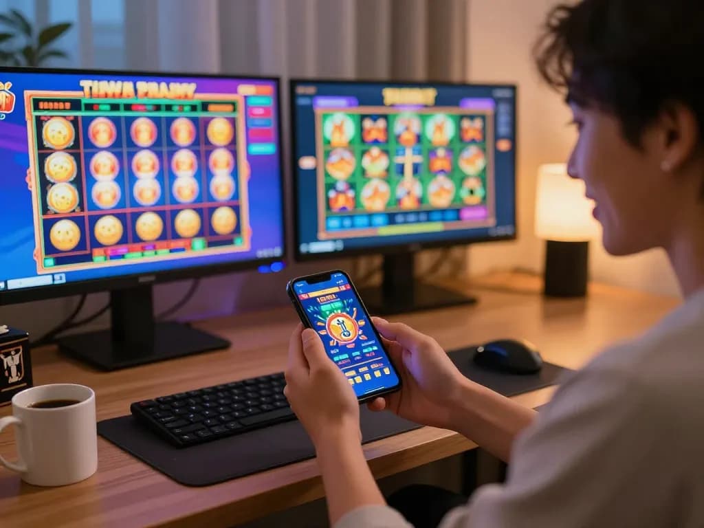 Engaging gameplay on situs slot gacor from a smartphone showing colorful slot machines in a cozy home setting.