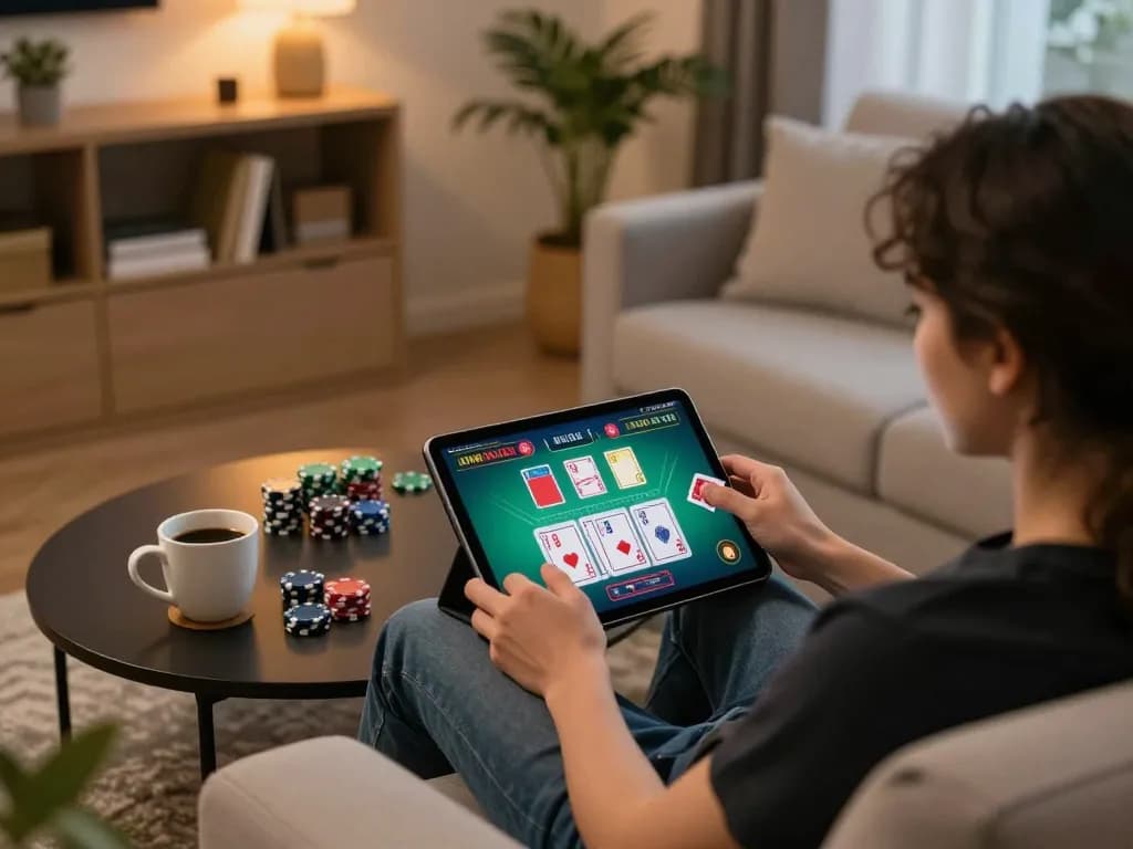 Engaging in live dealer blackjack on iwinpro app while relaxing at home, showcasing strategic gameplay.