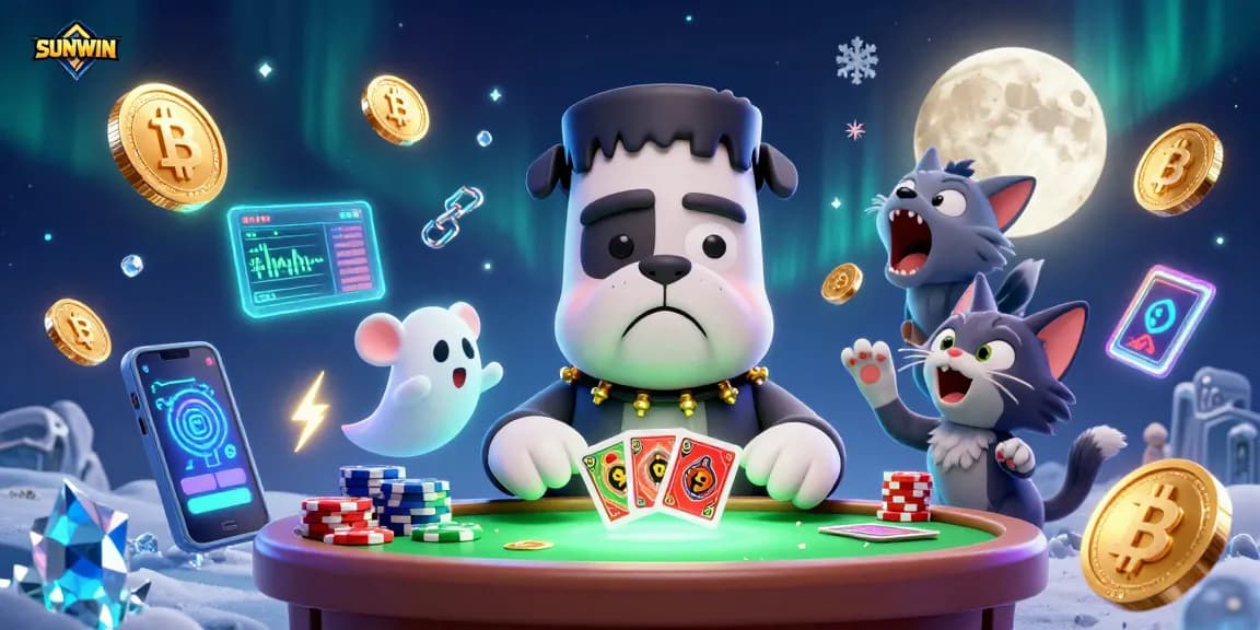 SUNWIN enhances the gaming experience with a lively 3D illustration featuring a Frankenstein bulldog monster dealing cards.